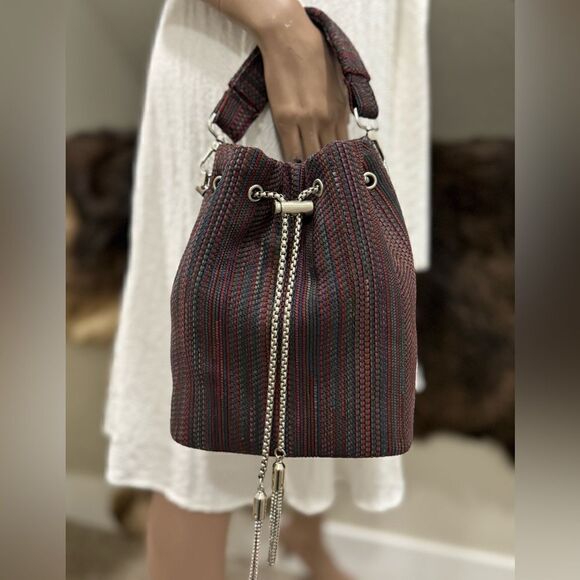 Colorful Stripe  Genuine Woven Leather Drawstring Bucket Bag & 3 Strap Styles - Picture 2 of 16